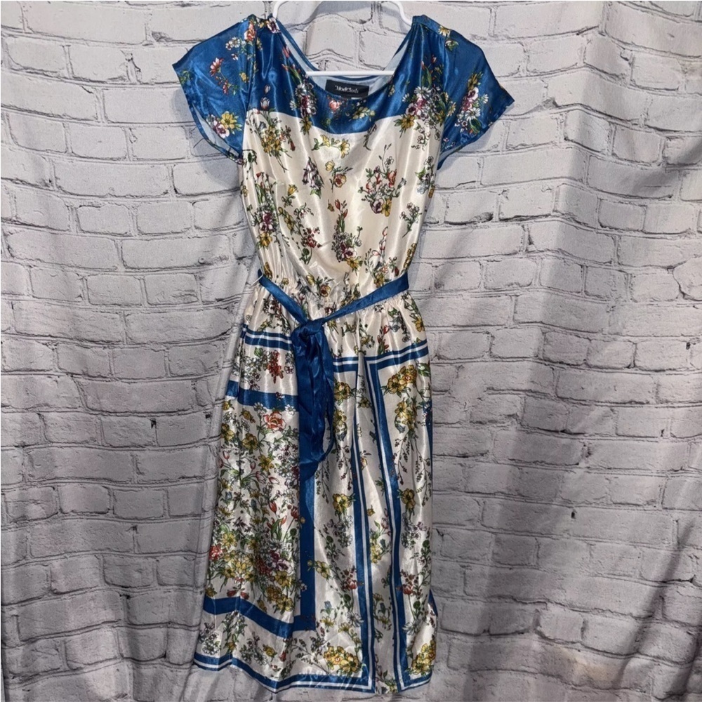 ModCloth Anthropologie Blue Satin Sunlit Reverie Dress Belted Floral Size XS - Picture 3 of 6